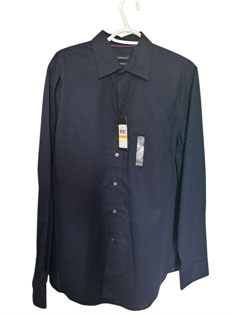 VAN HEUSEN classic fit shirt midnight blue tiny pink polka dots wrinkle free Med